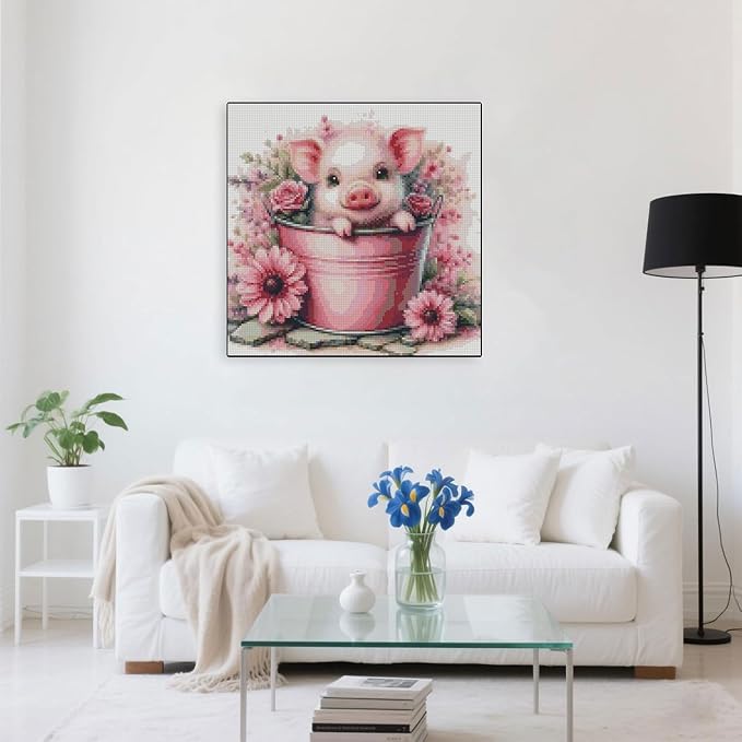 Cute Pig Stamped Cross Stitch Kits for Adults Beginner, Flowers Dimensions Needlepoint Art Crafts Embroidery Kits for Adults Beginners 13.7x13.7 inches