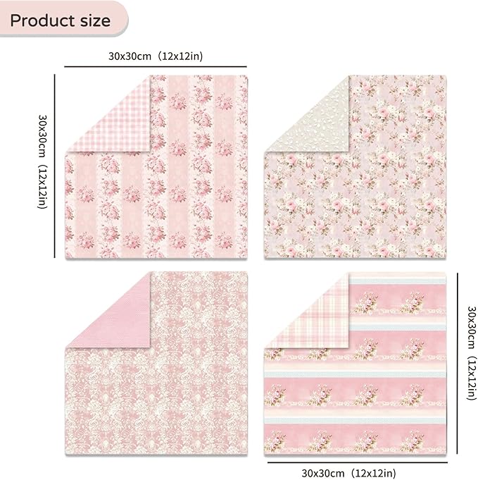 Floral Scrapbook Paper, Vintage Floral Garden Craft Sheets, 24 Pages/24 Unique Designs Double-Sided Origami Art Supplies, Pink Scrapbook Materials for DIY Cards, Journals, Album Decor, 12"x12" Inch