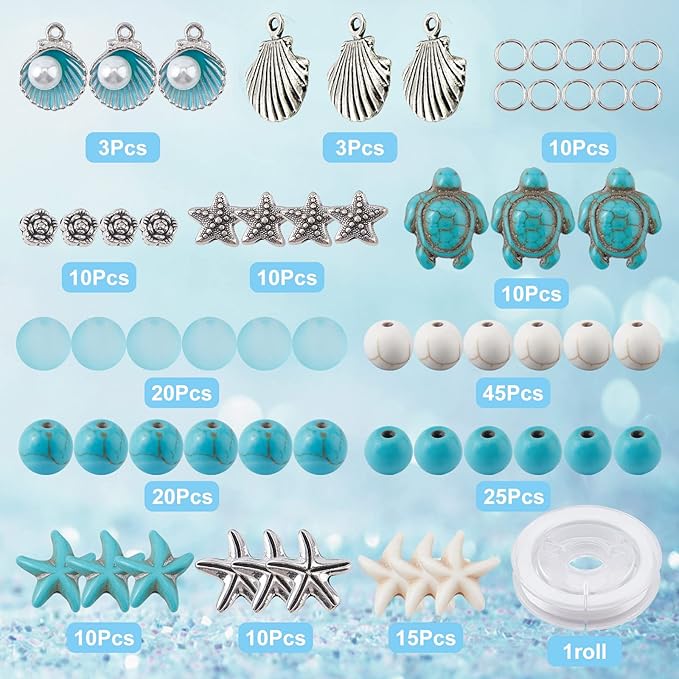 SUNNYCLUE 1 Box DIY 6Pcs Summer Ocean Theme 8mm Turquoise Beads Bracelets Shell Charms Bracelet Making Kit Turtle Spacers for Jewelry Making Alloy Starfish Sandal Beads Necklace Anklets Craft Supplies