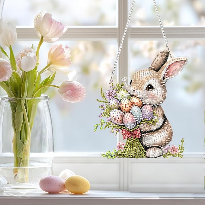 NAIMOER Easter Bunny Diamond Art Hanging Kits for Adults, 5D Special Shaped Rhinestone, DIY Acrylic Spring Diamond Art Painting Window Pendants Home Garden Wall Hanging Ornament Kits, Double Sided