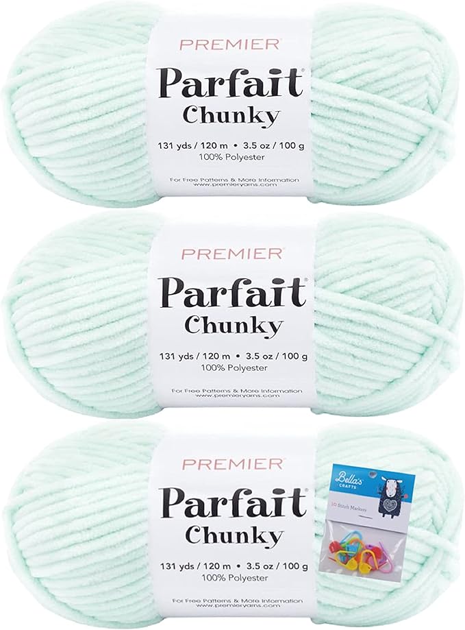 Premier Yarns Parfait Chunky Chenille Yarn 3.5 Oz 6 Super Bulky Weight 3 Pack Bundle with Bella's Stitch Place Holders (Mint)