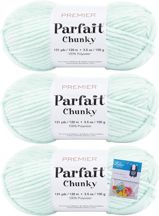 Premier Yarns Parfait Chunky Chenille Yarn 3.5 Oz 6 Super Bulky Weight 3 Pack Bundle with Bella's Stitch Place Holders (Mint)