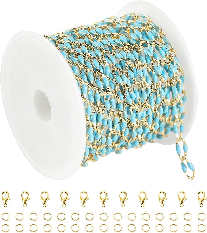 Gold Plated Brass Chains for Necklace DIY Jewelry Supplies, 2 Meters Light Blue Oil Drip Cable Bulk Chain Jewelry Making Supplies Findings