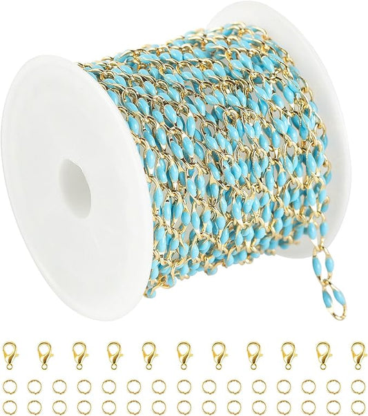 Gold Plated Brass Chains for Necklace DIY Jewelry Supplies, 2 Meters Light Blue Oil Drip Cable Bulk Chain Jewelry Making Supplies Findings