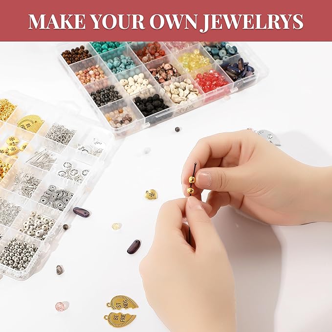 1500Pcs Natural Stone Jewelry Making Kit for Adults Women - Irregular Crystal Gemstone Beads (Turquoise, Agate, Shell) & Charms for DIY Boho Bracelet, Necklace, Earring & Ring Making Supplies Gift