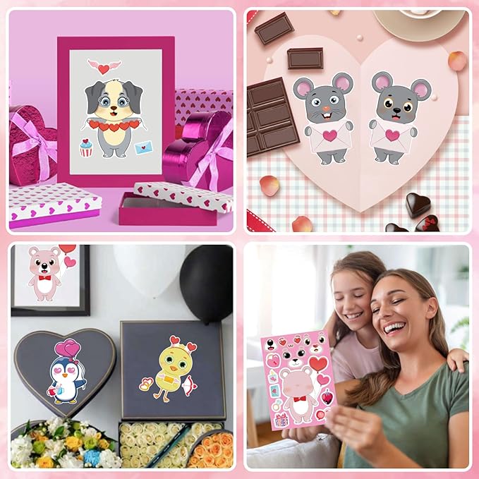 32 sheets valentine stickers for kids, valentines crafts heart love sticker make a face stickers, make your own animal stickers valentines gifts for kids classroom valentine goodie bags party favors