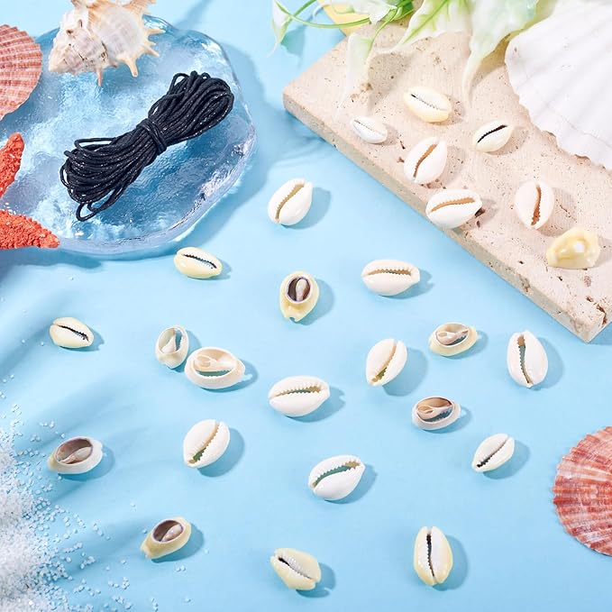 Cheriswelry 100pcs Shell Beads for Bracelet Making Cowrie Shells Spacer Beads Summer Beach Shell Oval Beads for DIY Necklace Jewelry Making with 5.46 Yard Waxed Cotton Thread Cords