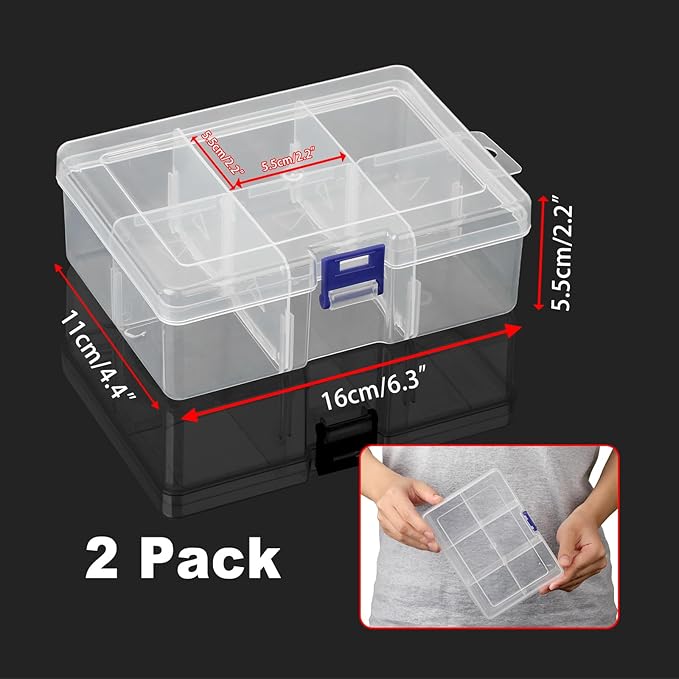 BTSKY 2 Pack Plastic Storage Box with 6-Compartment Grids, Washi Tape Organizer with Removable Dividers, Lightweight Clear Washi Tape Container Case for Storage Bead Jewelry Small Tool and Stamps