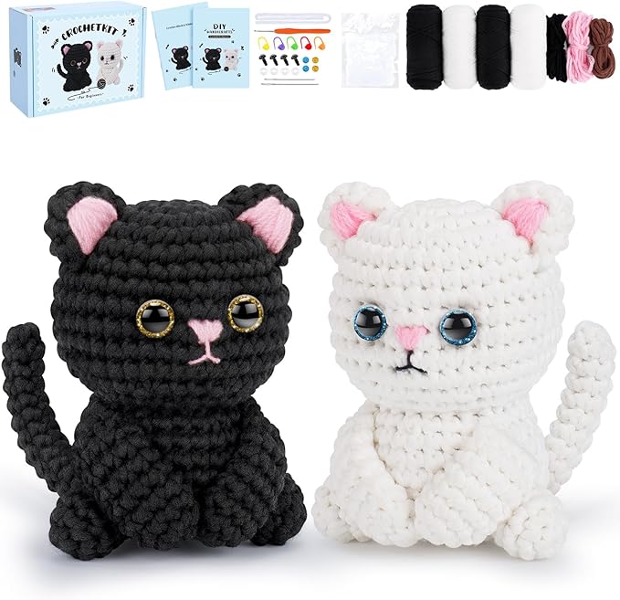 Fortuning's JDS Crochet Kit for Beginners, Cat Crochet Kits Complete Starter Kit with Step-by-Step Video Tutorials, Knitting Kit Adults, DIY Craft Gift for Birthday, Valentine's Day, Christmas