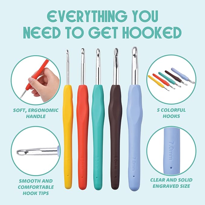 mira handcrafts crochet kit for beginners - essentials set with 12 acrylic yarn skeins and other knitting accessories, including ruler, hooks, needles, stitch holders, row counters, measuring tape
