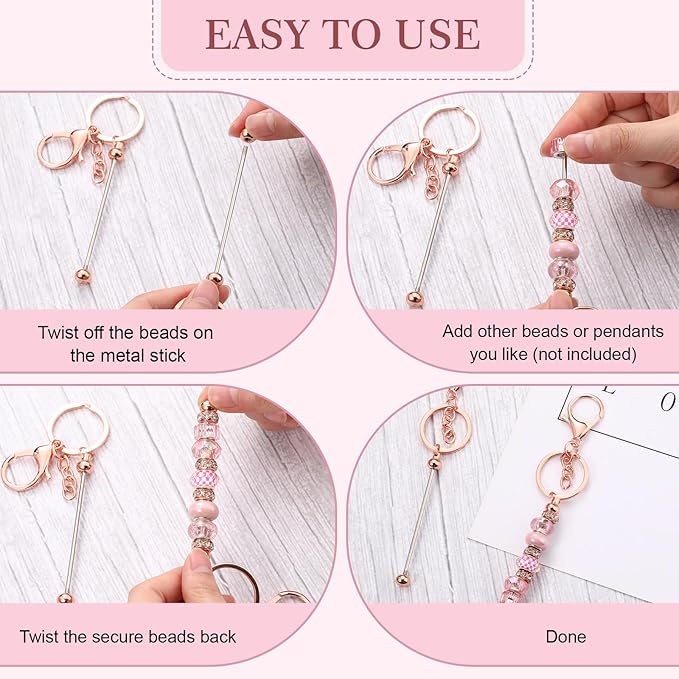 Tondiamo 24 Pcs Beadable Keychain Bars Bulk Beads for Keychain Making Kit Gifts for Women Men DIY Crafts(Rose Gold)