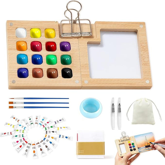 Mini Watercolor Paint Set Bamboo Travel Kit with Watercolor Palette Paintbrush Storage Bag and Water Storage Bottle Ready to Use Watercolor Sets for Artists and Beginners（15 Squares）