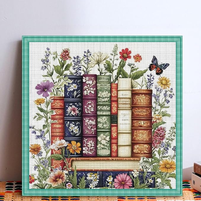 KYOQFVN Flower Stamped Cross Stitch Kits - Book Counted Cross Stitch Kits for Beginners, Needlepoint Cross-Stitch Patterns Dimensions for Home Decor 14×14 Inch