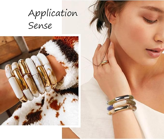 60Pcs Chunky Tube Beads with Rondelle Brass Rhinestone Spacer Beads & Elastic Thread & Plastic Tube Beads, Imitation Gemstone Curved Acrylic Tube Beads for Bamboo Bangles Bracelet Jewelry Making