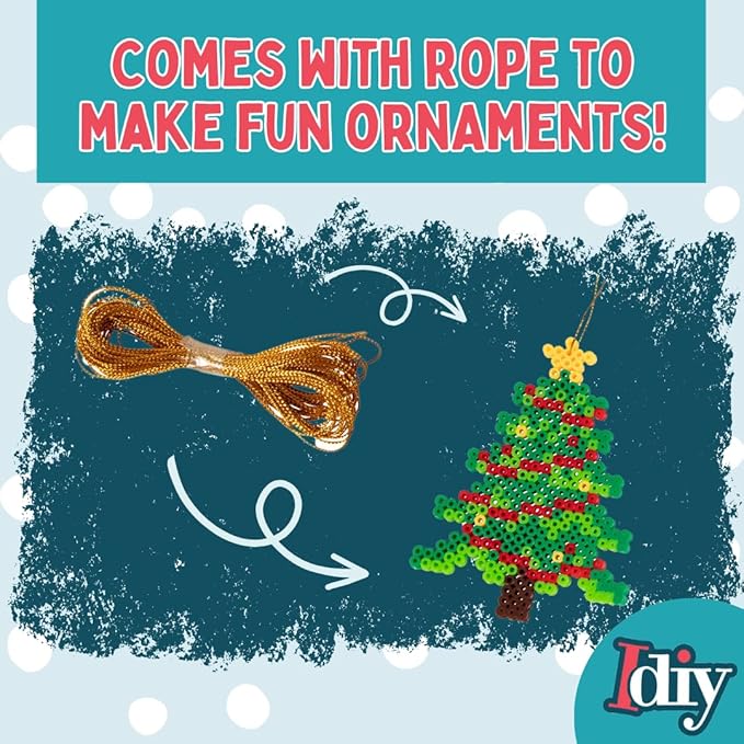 10,000-Piece Holiday Fuse Bead Kit for DIY Xmas Ornaments - 8 Unique Christmas Designs w Peg Boards, Tweezers, Ironing Papers - Great for Homemade Ornaments, Holiday Classroom Parties Family Activity