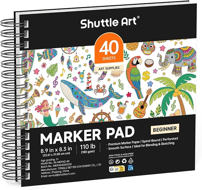shuttle art marker pad, 8.9”x8.3” portable sketchbook, 40 sheets marker drawing paper, 110lb/180gsm smooth surface bleedproof art paper, spiral-bound, great for beginners to draw, paint & sketch