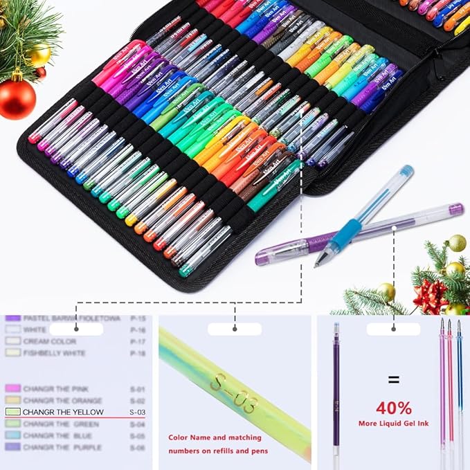Gel Pens for Adult Coloring Books, 160 Pack Artist Colored Gel Pen with 40% More Ink, Black Case. Perfect for Drawing Doodle Crafts Journaling Planner