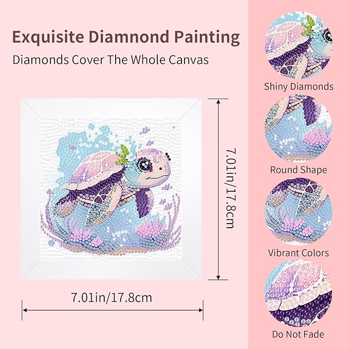 FlyingMage 5D Diamond Art Painting Kits with Wooden Frame, Cute DIY Diamond Art Mosaic Kits for Adults Women Teen, Kawaii Diamond Crafts Arts Full Drill Diamond Dots (White Turtle)