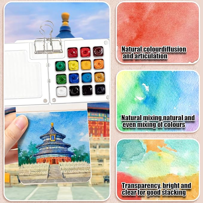Mini Travel Watercolor Set Pocket Artist Watercolor Travel Set Grid Palette Box Sketch Book With Binder Clips Art Painting Kits For Painters Artists Students