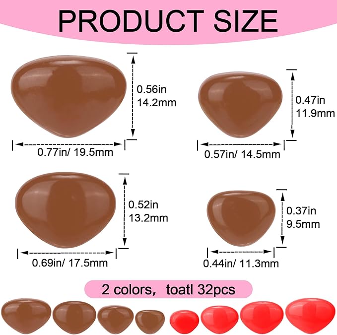 CustomyLife 32 Sets Safety Noses for Amigurumi, 4 Sizes Plastic Craft Doll Noses with Washers, Large Animals Noses for Crochet Puppet Plush Toy Accessories- Red & Brown