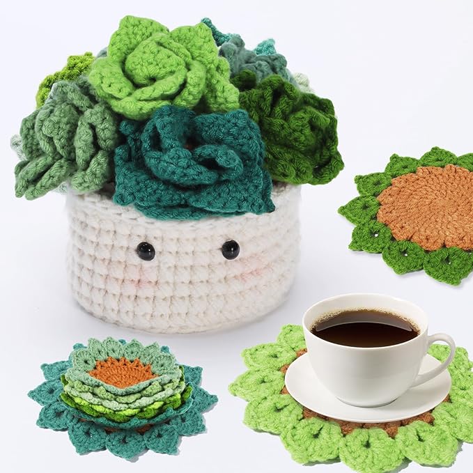 Hssugi Crochet Kit for Beginners - 6PCS Crochet Coasters in a Plant Pot Crochet Start Kit, Complete Beginner Crochet Kit with Hooks, Yarn, Clear Video Tutorials for Adult Beginners
