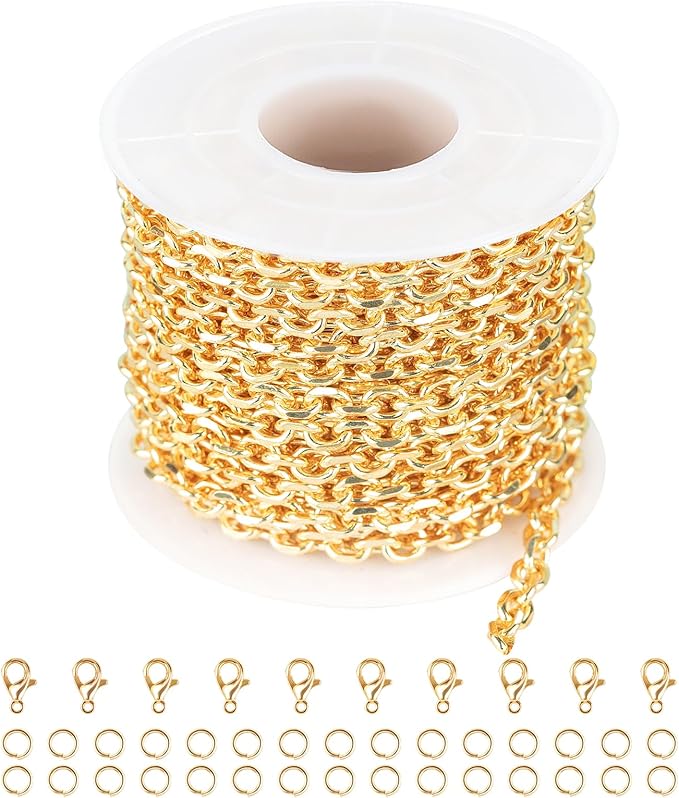 Jabogrii 16.4 Feet 18K Gold Plated Brass Jewelry Chains Roll Oval Paperclip Chains DIY Necklace Bracelet Chain with Lobster Clasps and Open Jump Rings for Jewelry Making