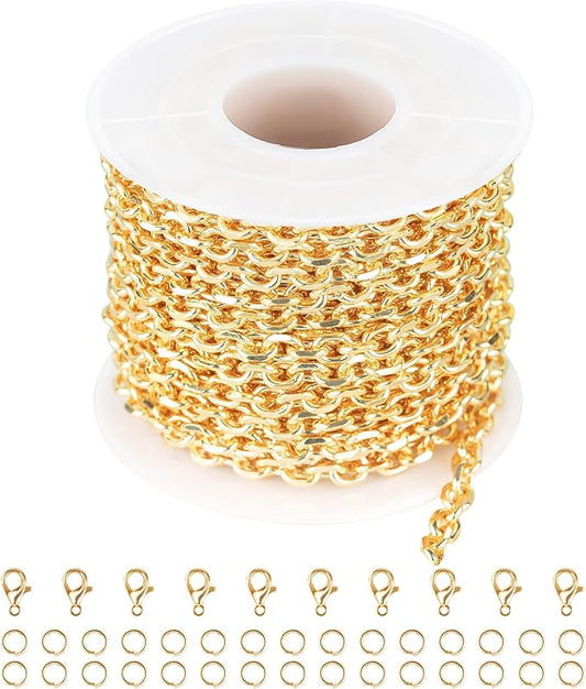 Jabogrii 16.4 Feet 18K Gold Plated Brass Jewelry Chains Roll Oval Paperclip Chains DIY Necklace Bracelet Chain with Lobster Clasps and Open Jump Rings for Jewelry Making