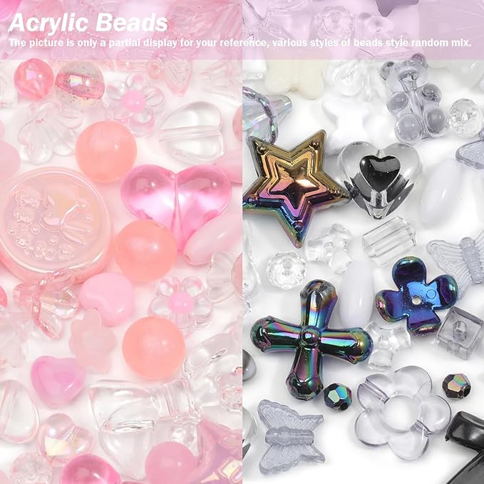 230-250pcs Assorted Acrylic Beads for Bracelet Making Kit, 200g Cute Beads for Keychain Making, Kandi Charms, Kawaii Jewelry Making, DIY Crafts (Black&Pink)