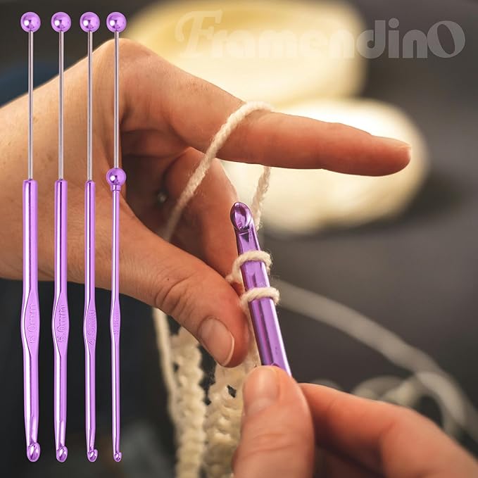 Framendino, 24 Pack Beadable Crochet Hooks 3 mm 4 mm 5 mm 6 mm Aluminum Knitting Needles Set for Crocheting Yarn 6 Colors