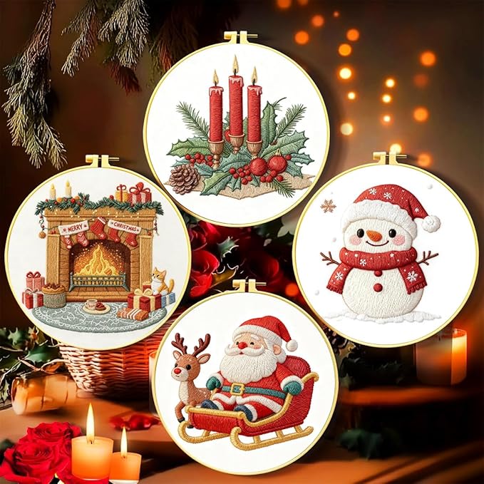 Zhenqing 4 Christmas Designs Embroidery Kit for Beginners, 4-Pack Pre-Printed 29x29cm Fabric with 20cm Hoop, Threads & Tools for Hand Embroidery - Snowman, Santa, Fireplace, Candles(C0183)