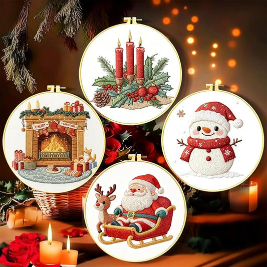 Zhenqing 4 Christmas Designs Embroidery Kit for Beginners, 4-Pack Pre-Printed 29x29cm Fabric with 20cm Hoop, Threads & Tools for Hand Embroidery - Snowman, Santa, Fireplace, Candles(C0183)