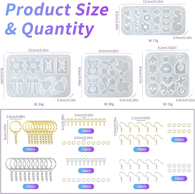 104Pcs Resin Molds Set for Women, Cute Designs with Accessories, Silicone Jewelry Molds for Resin Epoxy Keychain Earring Pendant Crafts Making