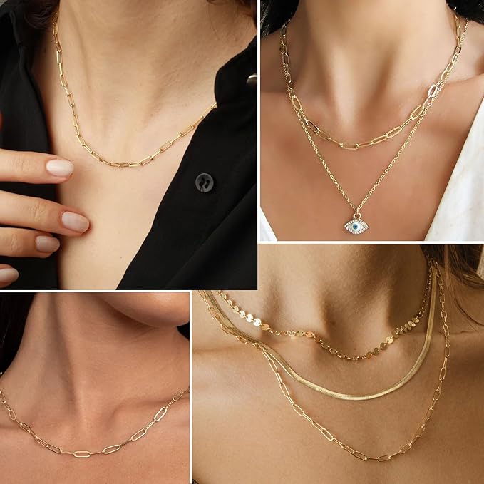 10 Pcs Paperclip Chain Necklace for Women 18 Inch Stainless Steel Gold Silver Charm Necklace Chains Adjustable Link Chains with Lobster Clasps Polishing Cloth for DIY Women Jewelry Making Supplies