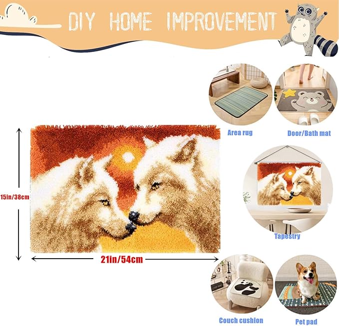 Latch Hook Kits for Adults - DIY Latch Hook Rug Kits, Crochet Kit for Beginners, Rug Making Kits with Printed Canvas, Gift Packaging.(White Wolf King, 20x15)
