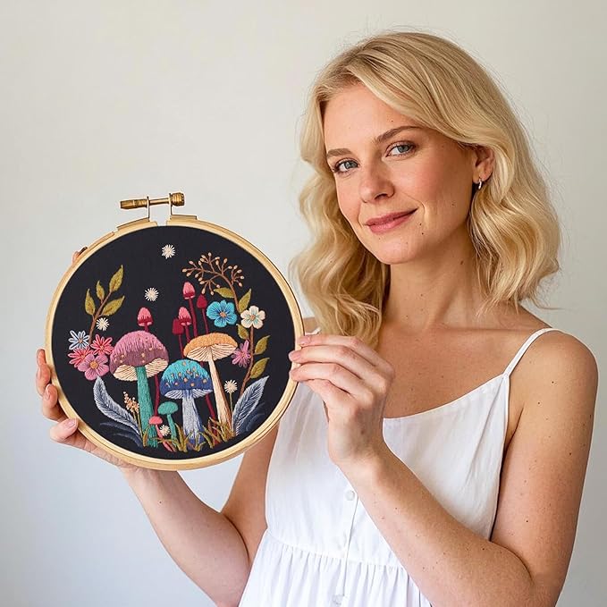 Myfelicity Embroidery Kit with Mushroom Patterns, 3 Hoops, Fabric, Threads, Needles, Instructions (Colorful)