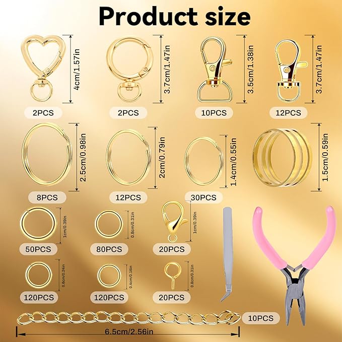 Prdingfy 579PCS Keychain Making Kit, Key Chain Supplies Including Keychain Clip, Key Rings, Lobster Claw Clasps, Jump Rings, Extender Chain,Pliers for Key Chain Making and Jewelry Making(Gold)