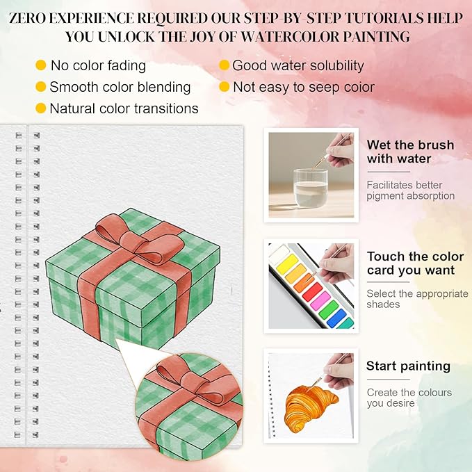 APOLYONE 2-Pack Beginner Watercolor Workbooks: 24 Coloring Pages + 12 Watercolor Paints + Brush – 300gsm/140lb Paper – Gift for Women, Adults & Beginners (Winter & Christmas)