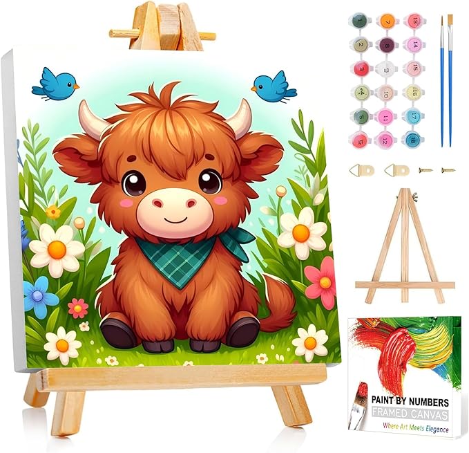 Reivworl Paint by Numbers Kit for Kids with Frame and Easel, Cow Paint by Number for Kids Age 6-8-12, Acrylic Paint by Numbers for Gifts and Home Decor (8X8inch)