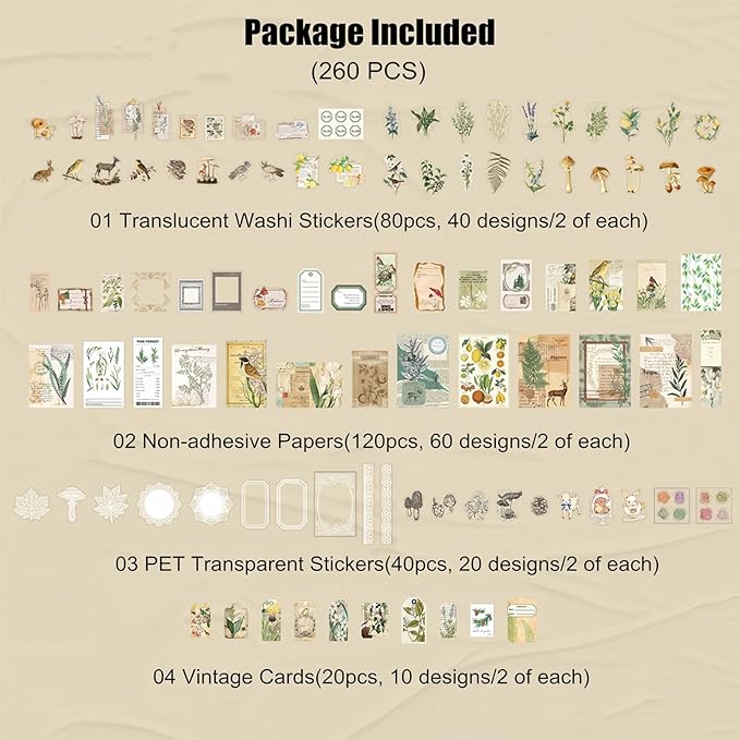 Esweny 260PCS Vintage Journaling Scrapbooking Supplies Scrapbook Sticker Paper Ephemera Pack for Junk Journal Planners Collage Craft Notebooks Album (Plants and Birds)