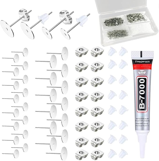 661pcs earring posts with jewelry glue,stainless steel jewelry making hypoallergenic earring posts and backs,stud earrings with butterfly rubber earring backs diy making findings