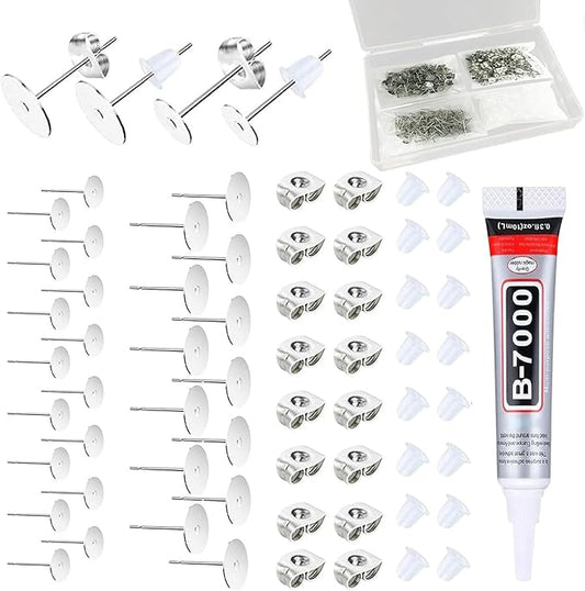661pcs earring posts with jewelry glue,stainless steel jewelry making hypoallergenic earring posts and backs,stud earrings with butterfly rubber earring backs diy making findings