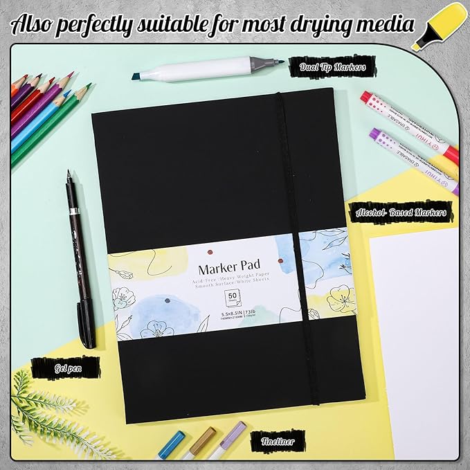 50 Sheets Hardcover Marker Paper Pad, 5.5x8.5in Alcohol Marker Paper Sketch Pad, 73lb/120gsm Heavyweight Spiral Sketch Book, Painting Coloring Drawing Book for Beginners Artists Ideal Gift