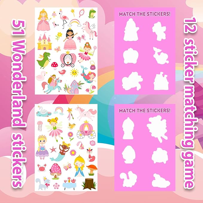oibutur jelly sticker books for toddlers 2-4 years, reusable sticker book for kids 1-3, toddler stocking stuffers＆travel essentials princess stickers for kids toddler plane activities (wonderland)