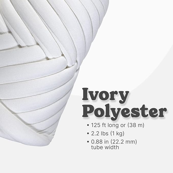 Light Weight Ultra Soft 2.2 LBS (1 kg) Chunky Yarn for Hand Knitting, Lush Polyester Fabric Tube Yarn to Make Handbags, Pillows, Blankets, Crafts (Ivory)