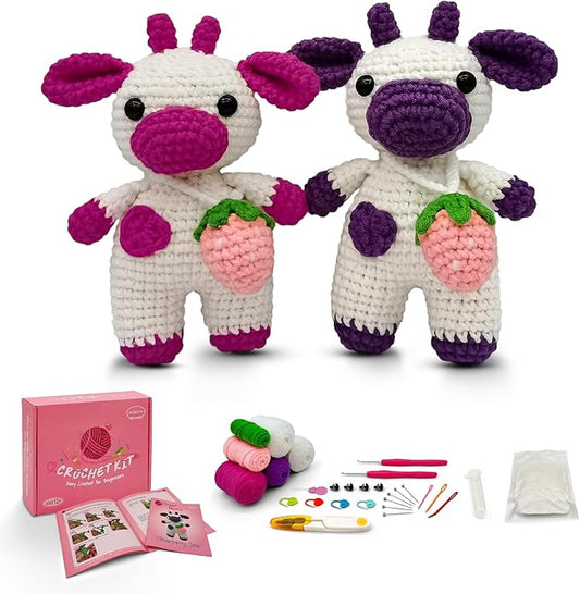 SGIBYN Crochet Kit for Beginners with Step-by-Step Video Tutorials,Beginners Starter Crochet Cow Kit for Adults,Learn to Crochet Animal Set(Strawberry Cow)
