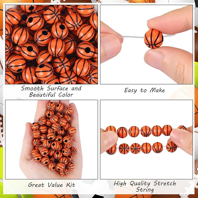 100pcs Basketball Beads with 5.5 Yard Elastic Rope,Acrylic Sports Beads DIY Spacer Bead for Necklace Bracelet Keychains Handmade Jewelry Making Accessories Craft Supplies,12mm(Basketball)