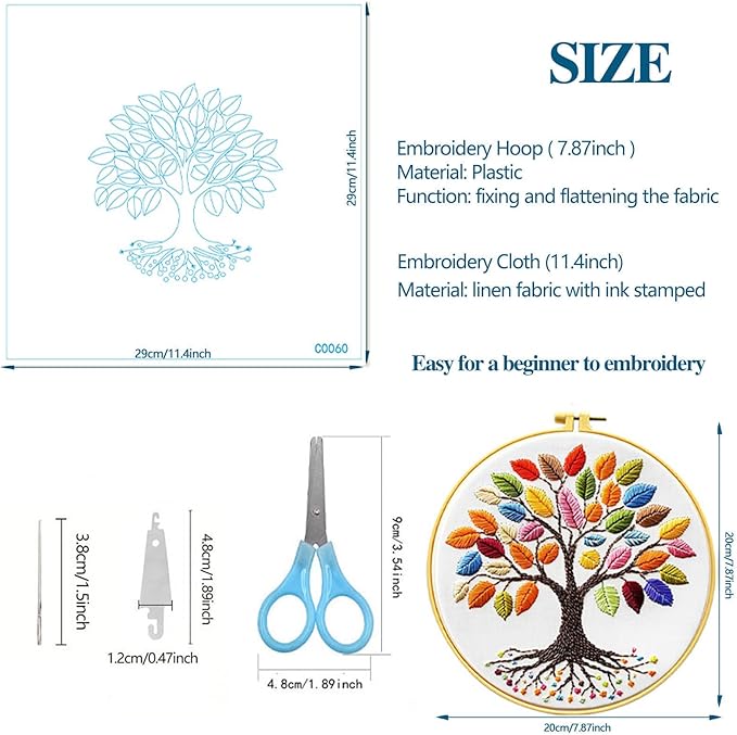 Zhenqing Rainbow Tree of Life Embroidery Kit for Beginners - 29x29cm Printed Fabric with Hoop & Full Tools (C0060)