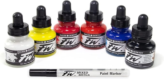 Daler-Rowney FW Acrylic Ink Bottle 6-Color Primary Set with Empty Marker - Acrylic Set of Drawing Inks for Artists and Students - Art Ink Calligraphy Set - Permanent Calligraphy Ink