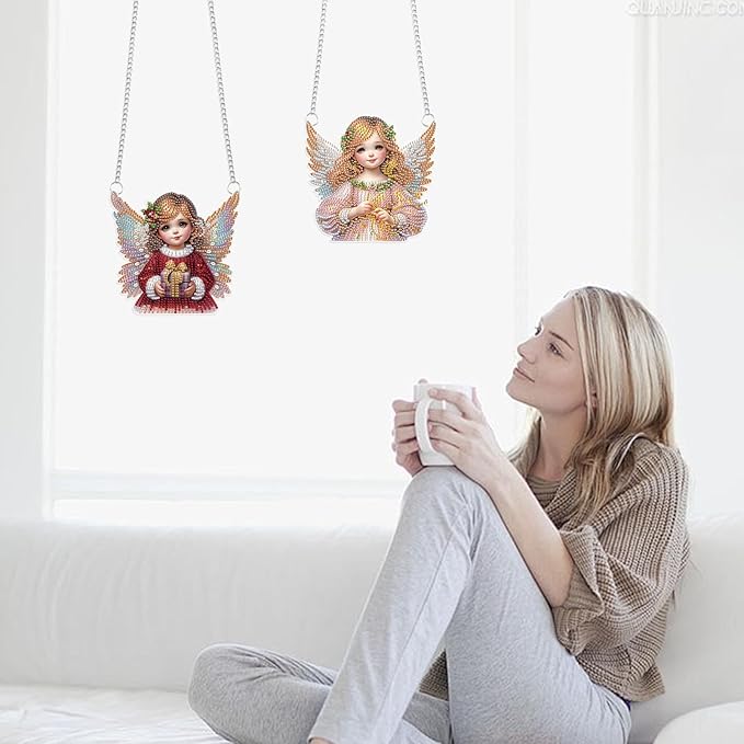 LazyFold 2 Pcs DIY Acrylic Diamond Art Painting Angel Kits Special Shaped Rhinestone 5D Diamond Art Window Pendants Home Garden Wall Hanging Kits Hanging Ornament