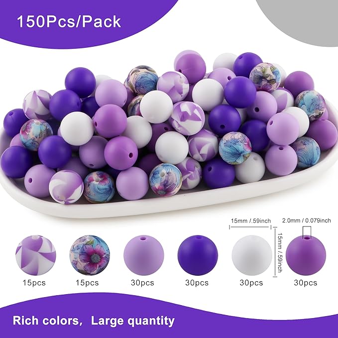 150Pcs Mixed Color 15mm Silicone Beads for Keychain Making, White Purple Print Silicone Beads for Pens and Bracelet Jewelry Making